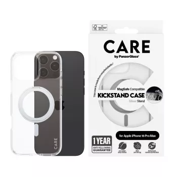 PanzerGlass CARE™ by ® Dėklas Skaidrus su Sidabriniu Stoveliu ir MagSafe, iPhone 16 Pro Max
