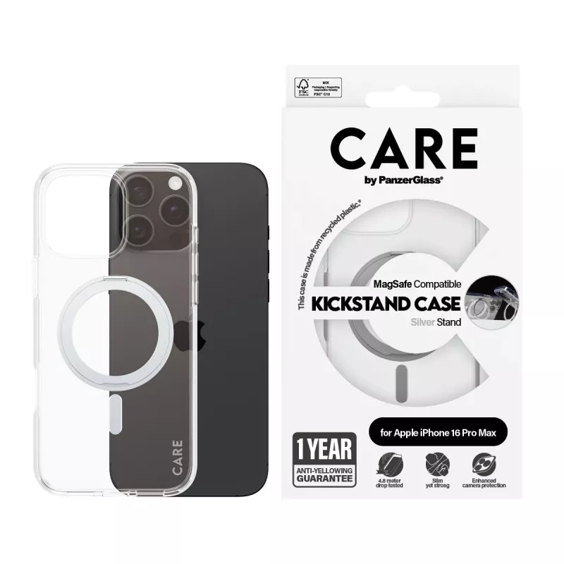 PanzerGlass CARE™ by ® Dėklas Skaidrus su Sidabriniu Stoveliu ir MagSafe, iPhone 16 Pro Max