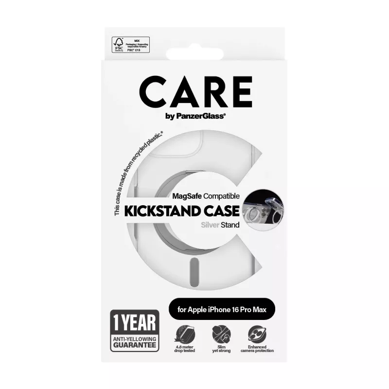 PanzerGlass CARE™ by ® Dėklas Skaidrus su Sidabriniu Stoveliu ir MagSafe, iPhone 16 Pro Max
