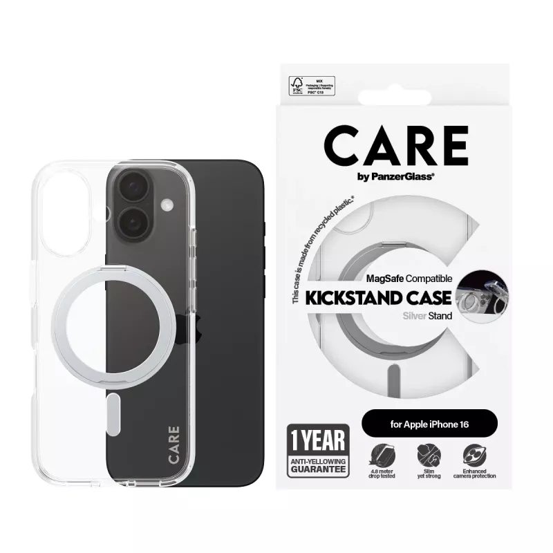 PanzerGlass CARE™ by ® Dėklas Skaidrus su Sidabriniu Atraminiu Stovu ir MagSafe iPhone 16