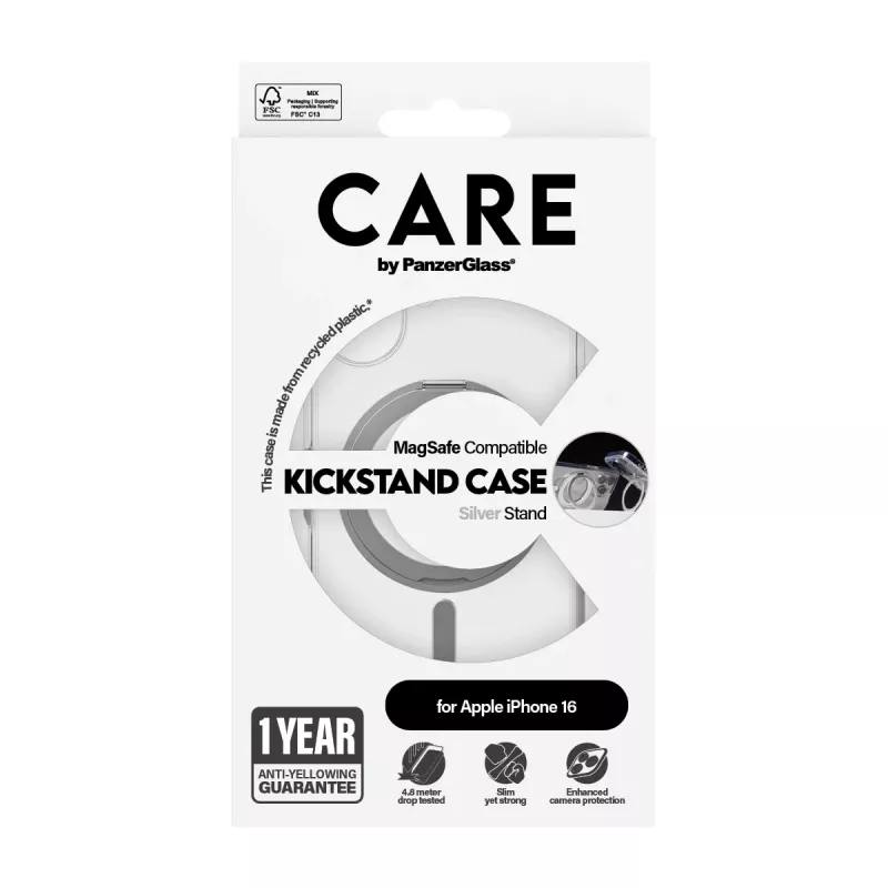 PanzerGlass CARE™ by ® Dėklas Skaidrus su Sidabriniu Atraminiu Stovu ir MagSafe iPhone 16
