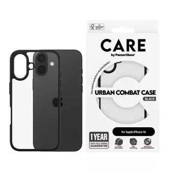 PanzerGlass CARE™ by ® Urban Combat Case permatomas su juodu rėmeliu iPhone 16