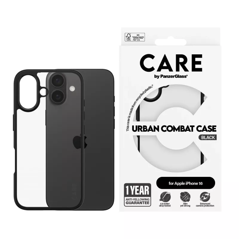 PanzerGlass CARE™ by ® Urban Combat Case permatomas su juodu rėmeliu iPhone 16