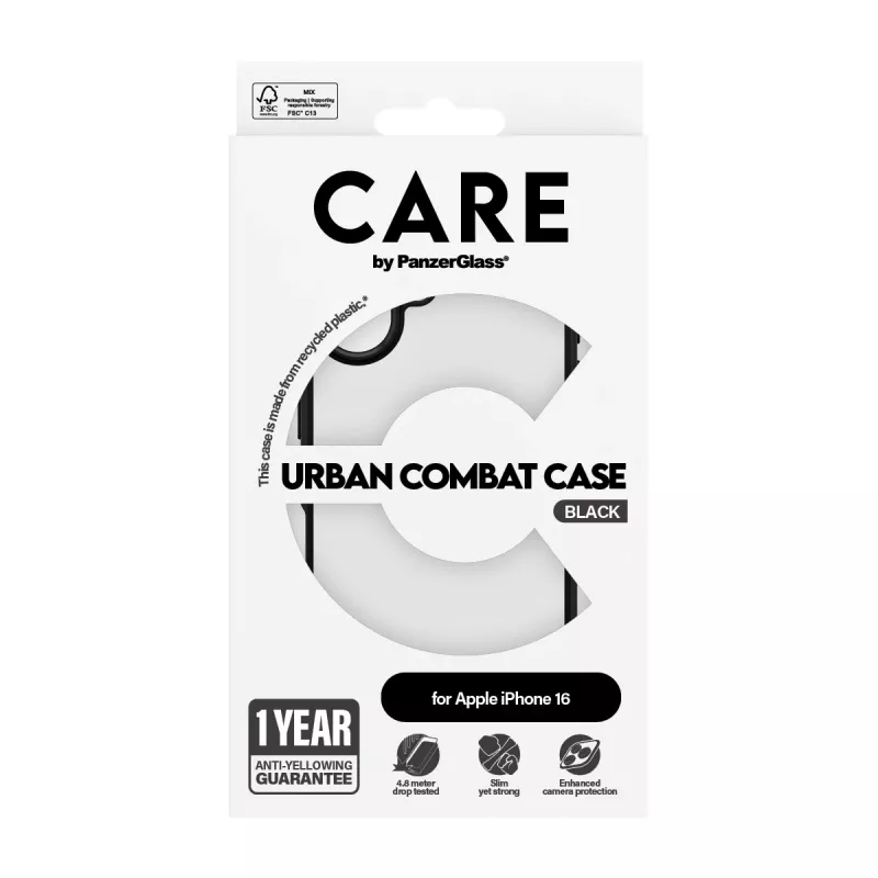 PanzerGlass CARE™ by ® Urban Combat Case permatomas su juodu rėmeliu iPhone 16