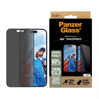 PanzerGlass® Privatumo ekrano apsauga iPhone 16 | 15 | Ultra-Wide Fit su EasyAligner