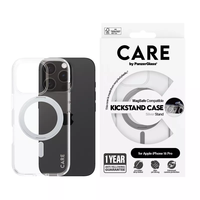 PanzerGlass CARE™ by ® Dėklas Skaidrus su Sidabriniu Atramėliu ir MagSafe iPhone 16 Pro