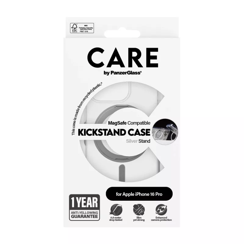 PanzerGlass CARE™ by ® Dėklas Skaidrus su Sidabriniu Atramėliu ir MagSafe iPhone 16 Pro