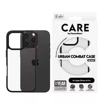 PanzerGlass CARE™ by ® Urban Combat dėklas permatomas su juodu rėmeliu iPhone 16 Pro
