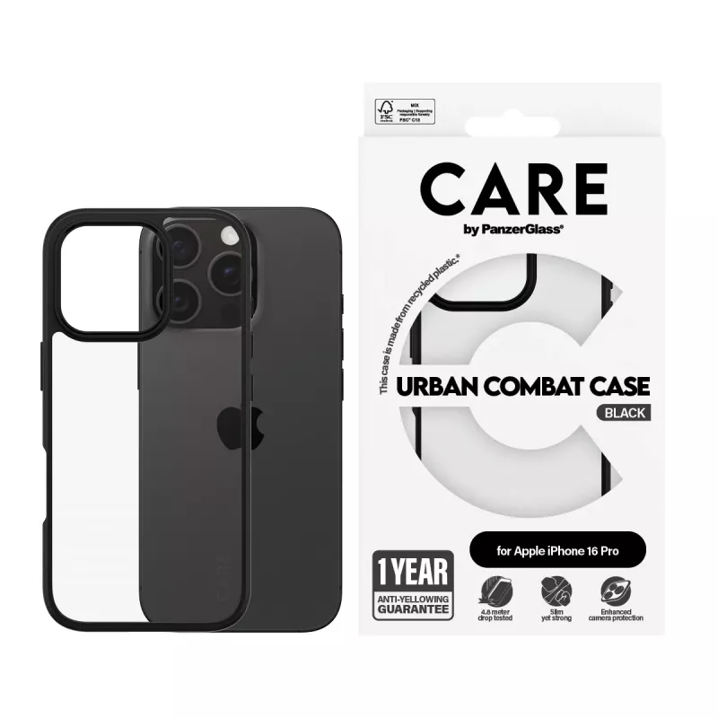 PanzerGlass CARE™ by ® Urban Combat dėklas permatomas su juodu rėmeliu iPhone 16 Pro