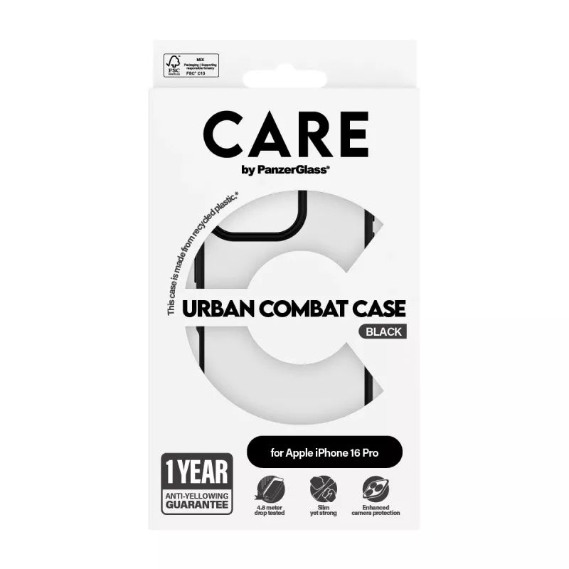 PanzerGlass CARE™ by ® Urban Combat dėklas permatomas su juodu rėmeliu iPhone 16 Pro