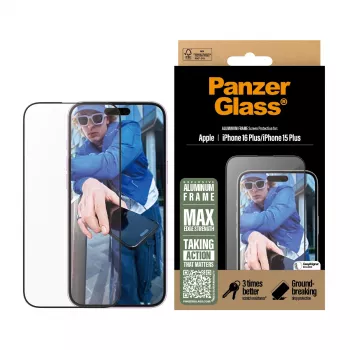 PanzerGlass® Ekrano apsauga su aliumininiu rėmeliu iPhone 16 Plus | 15 Plus | Ultra-Wide Fit