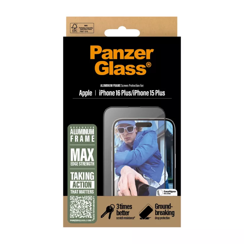 PanzerGlass® Ekrano apsauga su aliumininiu rėmeliu iPhone 16 Plus | 15 Plus | Ultra-Wide Fit