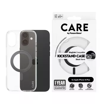 PanzerGlass CARE™ by ® Dėklas Skaidrus su Juodu Atraminiu Stoveliu ir MagSafe iPhone 16 Plus