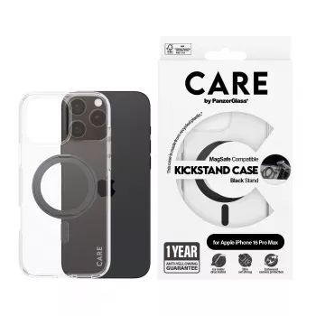 PanzerGlass CARE™ by ® Dėklas Skaidrus su Juodu Atraminiu Stovu ir MagSafe iPhone 16 Pro Max