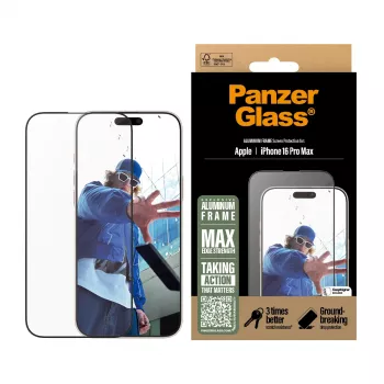 PanzerGlass ® ekrano apsauga su aliumininiu rėmeliu iPhone 16 Pro Max | Ultra-Wide Fit