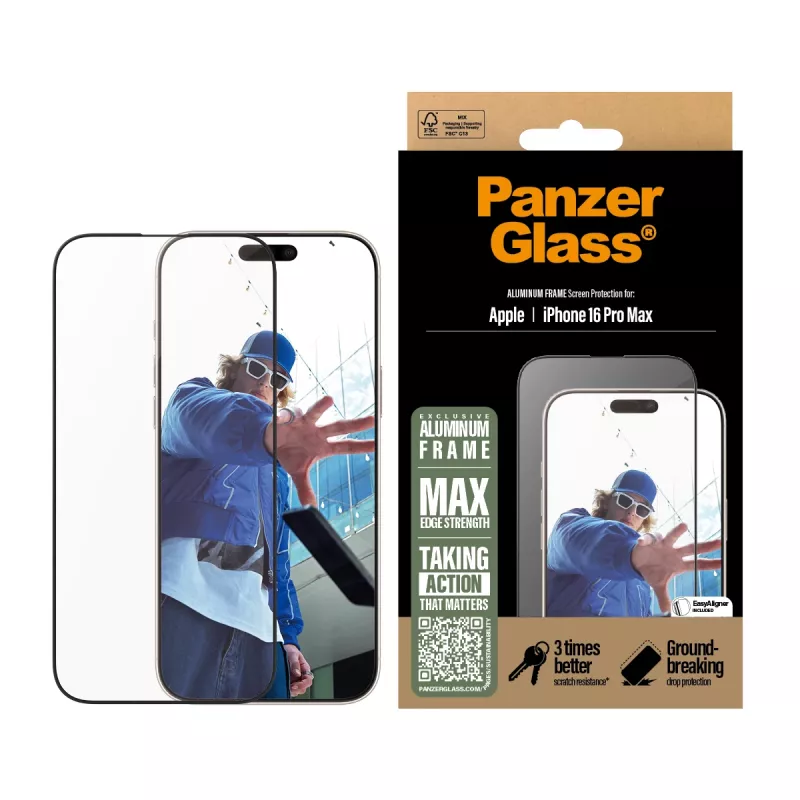 PanzerGlass ® ekrano apsauga su aliumininiu rėmeliu iPhone 16 Pro Max | Ultra-Wide Fit