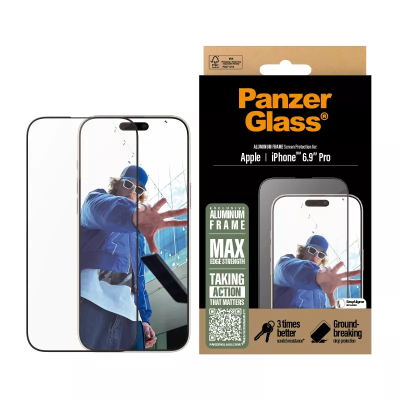PanzerGlass ® ekrano apsauga su aliumininiu rėmeliu iPhone 16 Pro Max | Ultra-Wide Fit