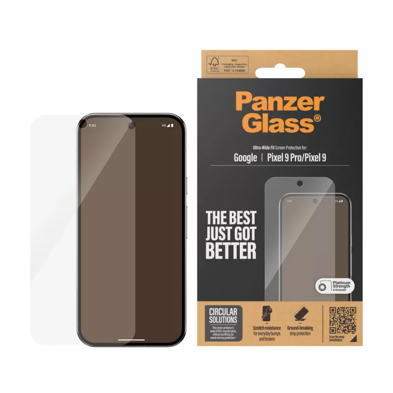Apsauginis stiklas PanzerGlass Google Pixel 9 | 9 Pro Ultra-Wide Fit atsparus įbrėžimams ir smūgiams