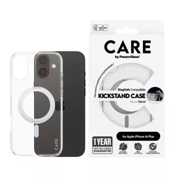 PanzerGlass CARE™ by ® Dėklas Skaidrus su Sidabriniu Stovu ir MagSafe iPhone 16 Plus