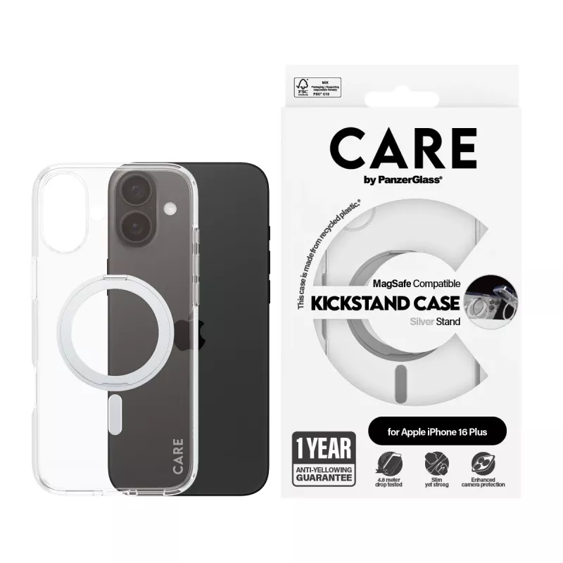 PanzerGlass CARE™ by ® Dėklas Skaidrus su Sidabriniu Stovu ir MagSafe iPhone 16 Plus