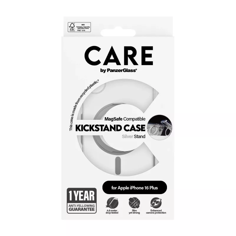 PanzerGlass CARE™ by ® Dėklas Skaidrus su Sidabriniu Stovu ir MagSafe iPhone 16 Plus