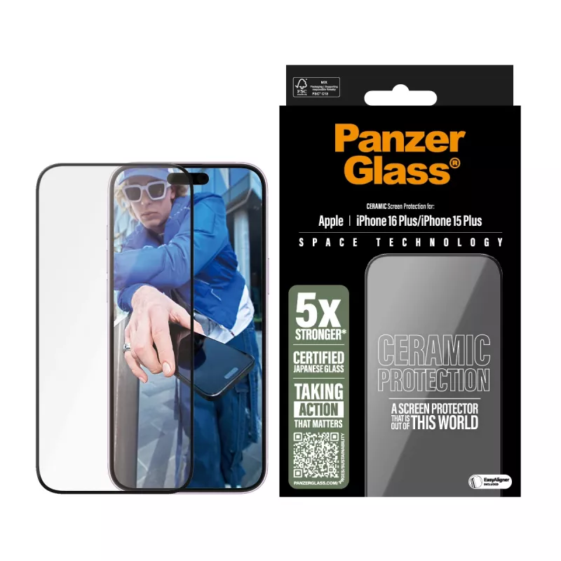 PanzerGlass ® Keraminis ekrano apsauginis stiklas iPhone 16 Plus | 15 Plus | Ultra-Wide Fit su EasyAligner