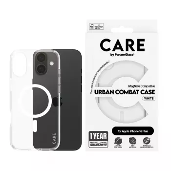 PanzerGlass CARE™ by ® Urban Combat dėklas permatomas su balta MagSafe spalva, iPhone 16 Plus