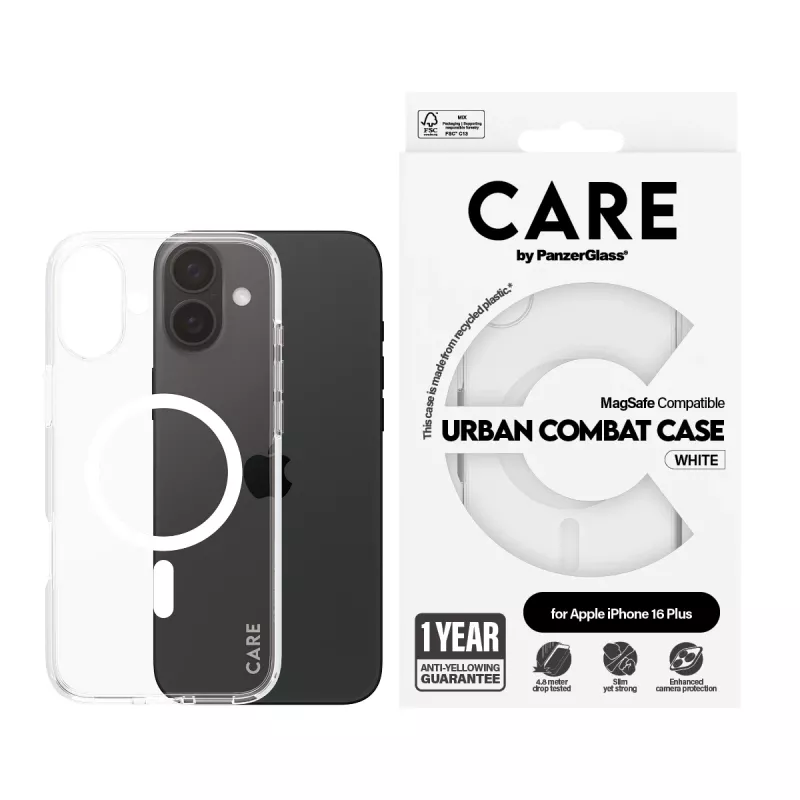 PanzerGlass CARE™ by ® Urban Combat dėklas permatomas su balta MagSafe spalva, iPhone 16 Plus