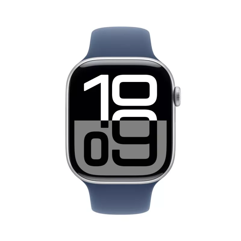 APPLE Watch Series 10 GPS + Cellular 46mm sidabrinis aliuminio korpusas su denimo sportine juosta M/L