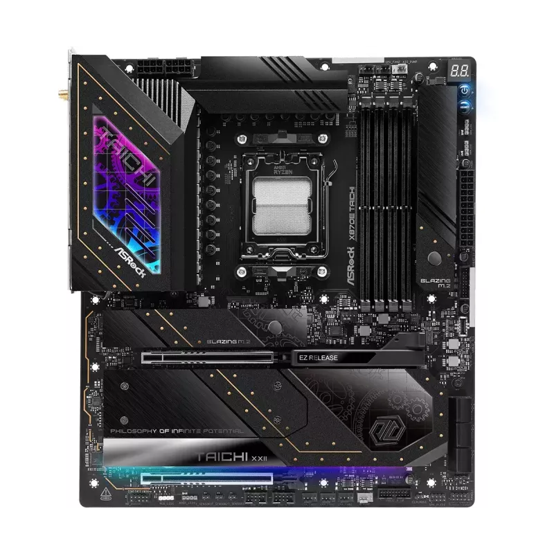 Motininė plokštė ASRock X870E Taichi – AMD X870E, lizdas AM5, Extended ATX, DDR5, 4 DIMM, iki 256 GB, Wi‑Fi 7, 5Gb LAN