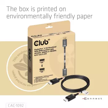 CLUB3D DisplayPort™ 2.1 kabelis, dvipusis, VESA DP80 sertifikuotas, 4K240Hz, 8K60Hz arba 10K60Hz, M/M, 1,6 m