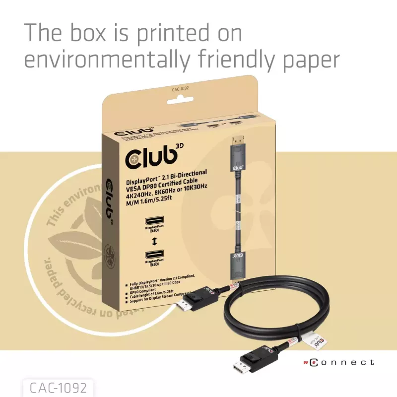 CLUB3D DisplayPort™ 2.1 kabelis, dvipusis, VESA DP80 sertifikuotas, 4K240Hz, 8K60Hz arba 10K60Hz, M/M, 1,6 m