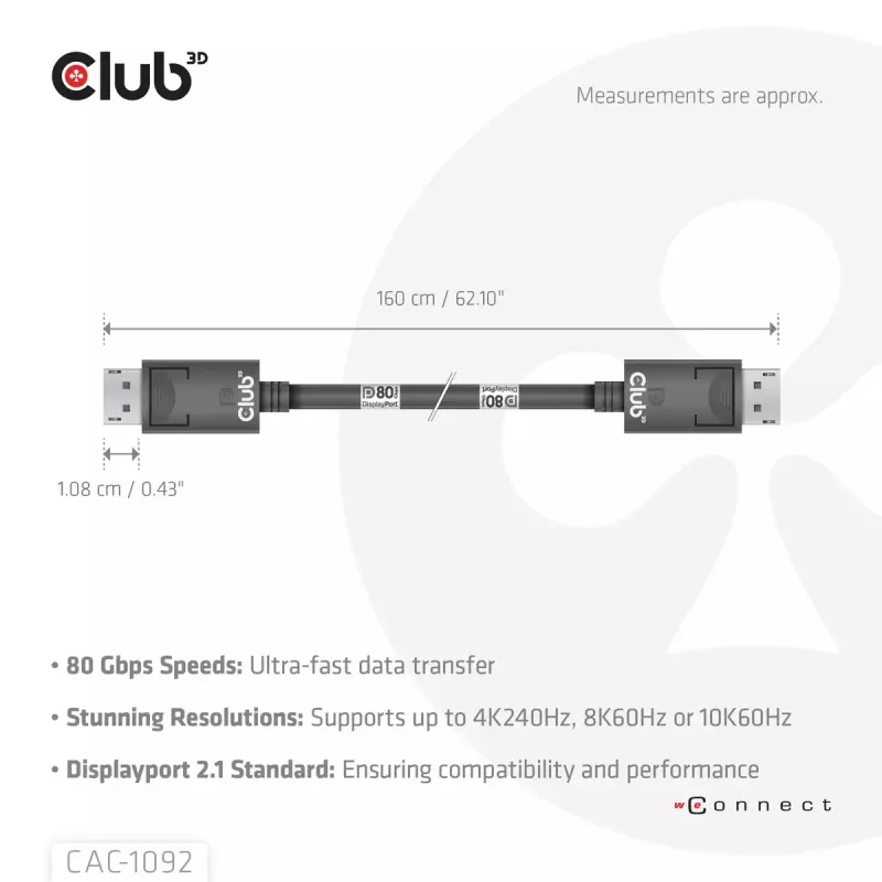 CLUB3D DisplayPort™ 2.1 kabelis, dvipusis, VESA DP80 sertifikuotas, 4K240Hz, 8K60Hz arba 10K60Hz, M/M, 1,6 m