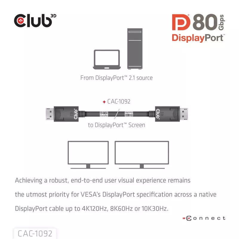 CLUB3D DisplayPort™ 2.1 kabelis, dvipusis, VESA DP80 sertifikuotas, 4K240Hz, 8K60Hz arba 10K60Hz, M/M, 1,6 m