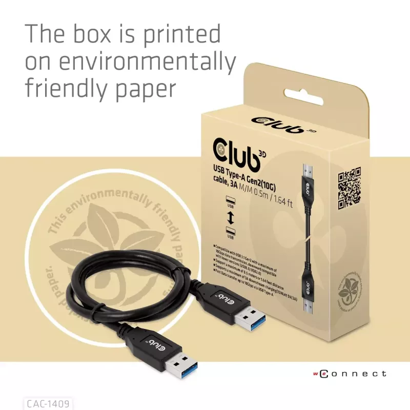 CLUB3D USB Type-A Gen2 (10G) laidas, 3A M/M 0,5 m / 1,64 ft