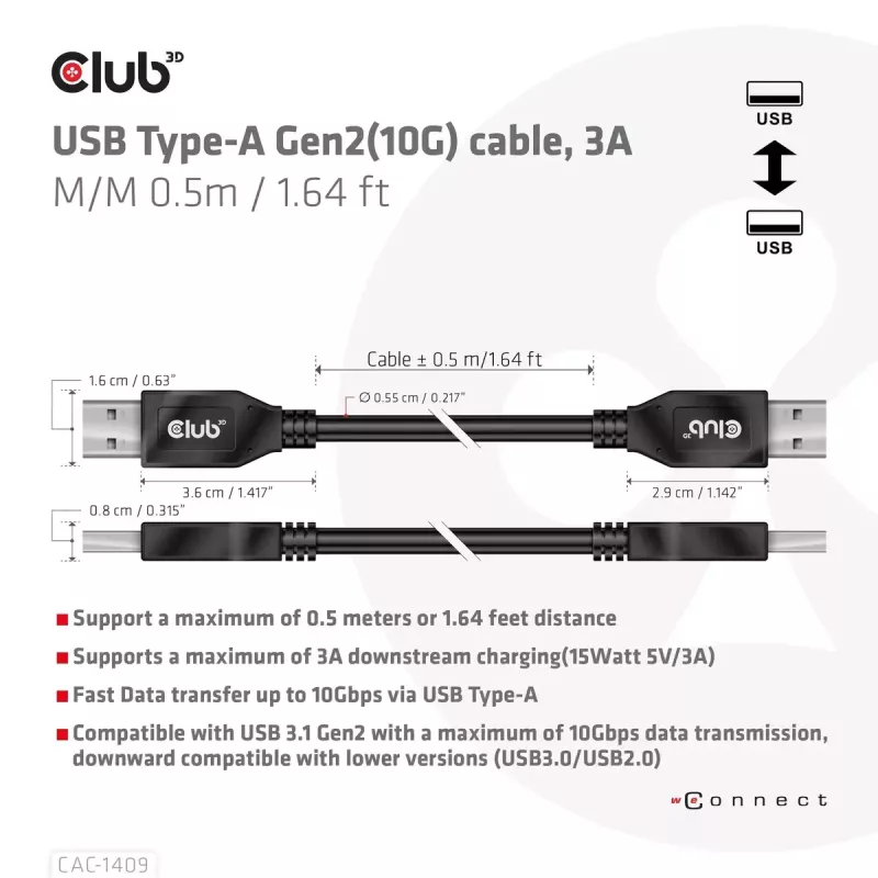 CLUB3D USB Type-A Gen2 (10G) laidas, 3A M/M 0,5 m / 1,64 ft