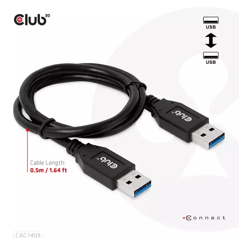 CLUB3D USB Type-A Gen2 (10G) laidas, 3A M/M 0,5 m / 1,64 ft