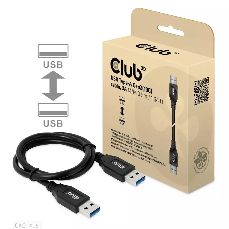 CLUB3D USB Type-A Gen2 (10G) laidas, 3A M/M 0,5 m / 1,64 ft
