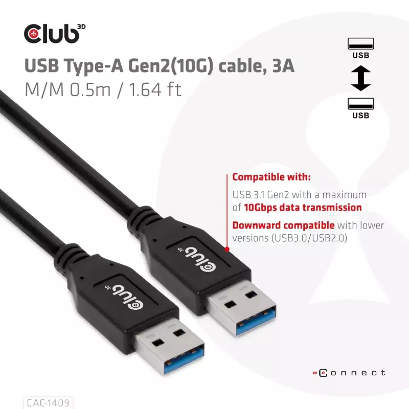 CLUB3D USB Type-A Gen2 (10G) laidas, 3A M/M 0,5 m / 1,64 ft