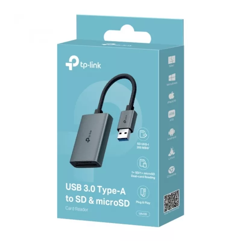 Kortelių skaitytuvas TP-LINK UA430 USB 3.2 Gen 1 Type-C – MicroSD / SD, pilkas
