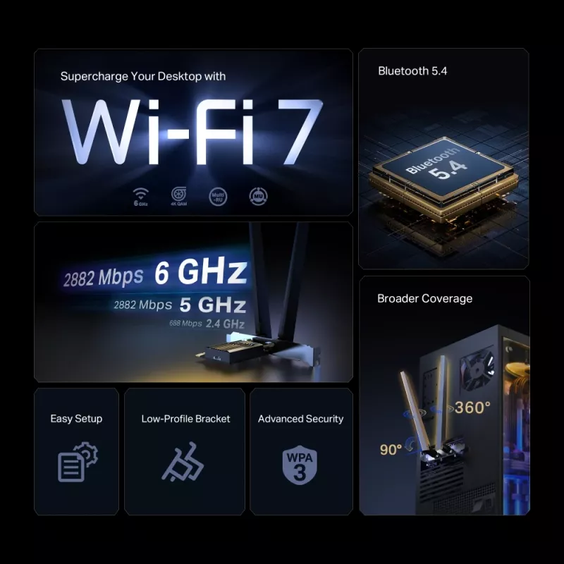 TP-Link BE6500 vidinis WLAN/Bluetooth 2880 Mbit/s trijų juostų Wi-Fi 7 PCIe adapteris