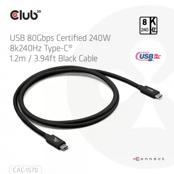 USB Type-C laidas CLUB3D CAC-1570 1,2m — 80Gbps, 240W, palaiko 8K@240Hz, juodas