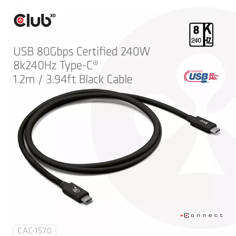 USB Type-C laidas CLUB3D CAC-1570 1,2m — 80Gbps, 240W, palaiko 8K@240Hz, juodas