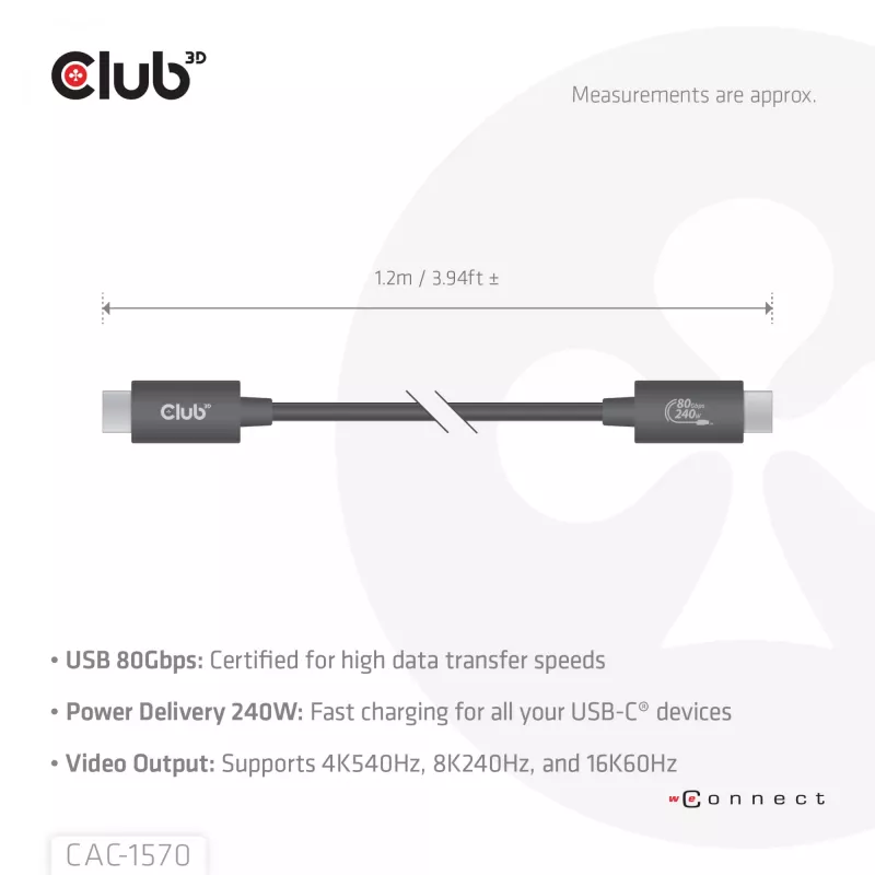 USB Type-C laidas CLUB3D CAC-1570 1,2m — 80Gbps, 240W, palaiko 8K@240Hz, juodas