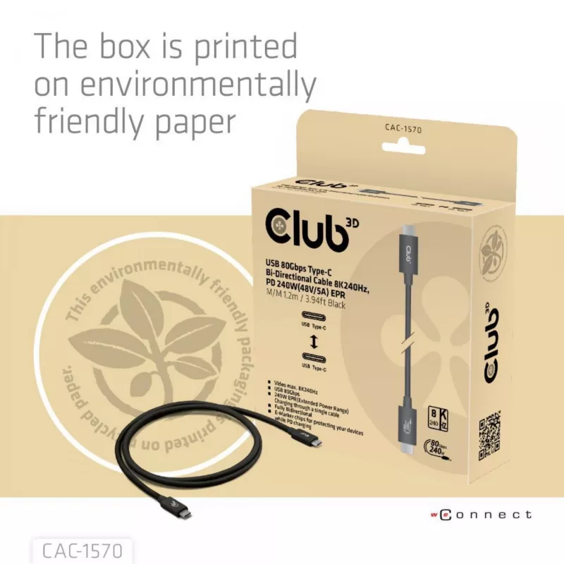 USB Type-C laidas CLUB3D CAC-1570 1,2m — 80Gbps, 240W, palaiko 8K@240Hz, juodas