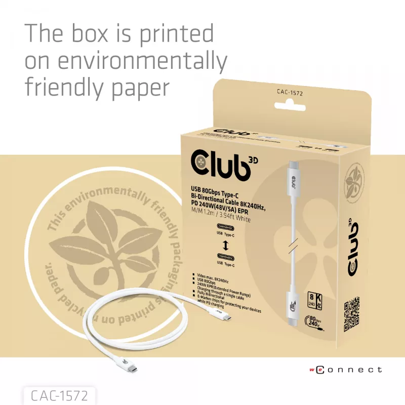CLUB3D USB 80Gbps sertifikuotas 240W 8K240Hz Type-C® 1,2m juodas laidas