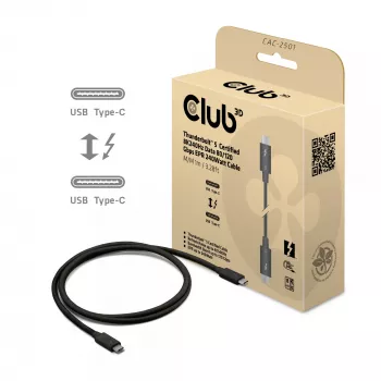 CLUB3D Thunderbolt™ 5 sertifikuotas 8K240Hz duomenys 80/120 Gbps EPR 240 vatų kabelis M/M 1m / 3.28ft