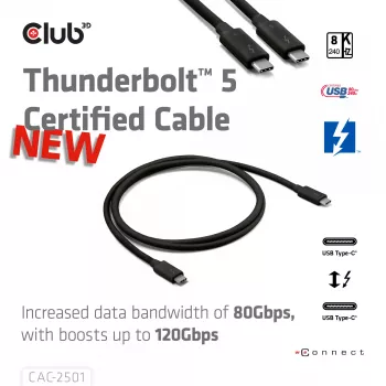 CLUB3D Thunderbolt™ 5 sertifikuotas 8K240Hz duomenys 80/120 Gbps EPR 240 vatų kabelis M/M 1m / 3.28ft