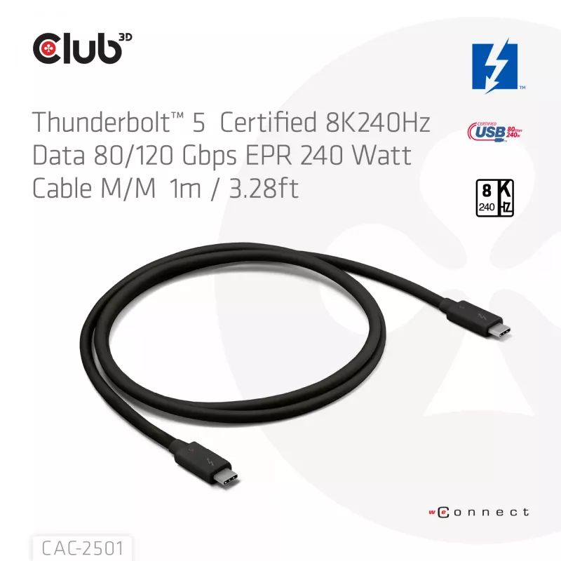 CLUB3D Thunderbolt™ 5 sertifikuotas 8K240Hz duomenys 80/120 Gbps EPR 240 vatų kabelis M/M 1m / 3.28ft