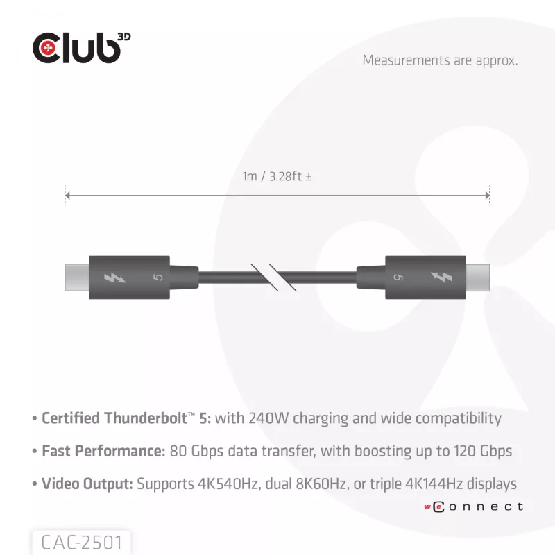 CLUB3D Thunderbolt™ 5 sertifikuotas 8K240Hz duomenys 80/120 Gbps EPR 240 vatų kabelis M/M 1m / 3.28ft